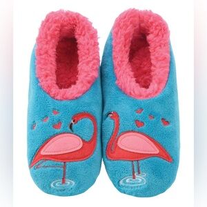Snoozies women's slippers embroidered flamingo soft non-slip sole. Faux fur Sz L